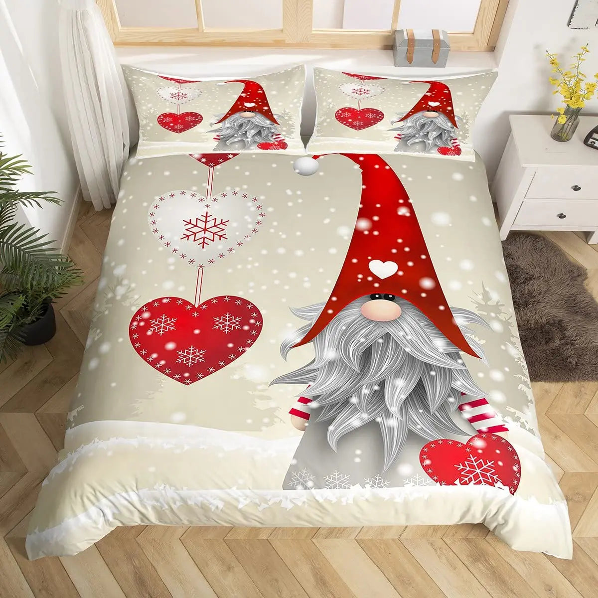 Détail de l'impression 3D Père Noël sur housse de couette rouge