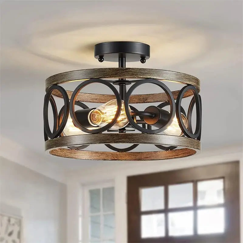 suspension lumineuse moderne rustique noir bois naturel anneaux métal argenté ampoules filament