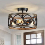 suspension lumineuse moderne rustique noir bois naturel anneaux métal argenté ampoules filament