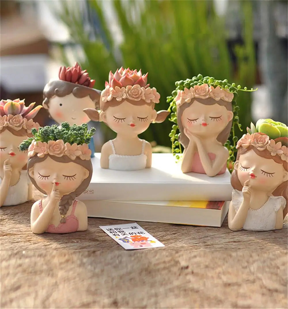 figurines décoratives cartoon fleurs reliefs cheveux stylisés plante succulente verte rose beige