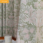 rideau floral opaque polyester brodés vert pastel rose pâle classique rubans boules déco