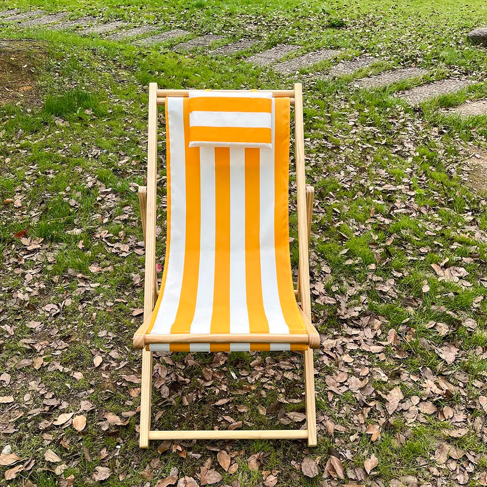 chaise longue pliable bois massif toile rayée plateau d'appoint plage