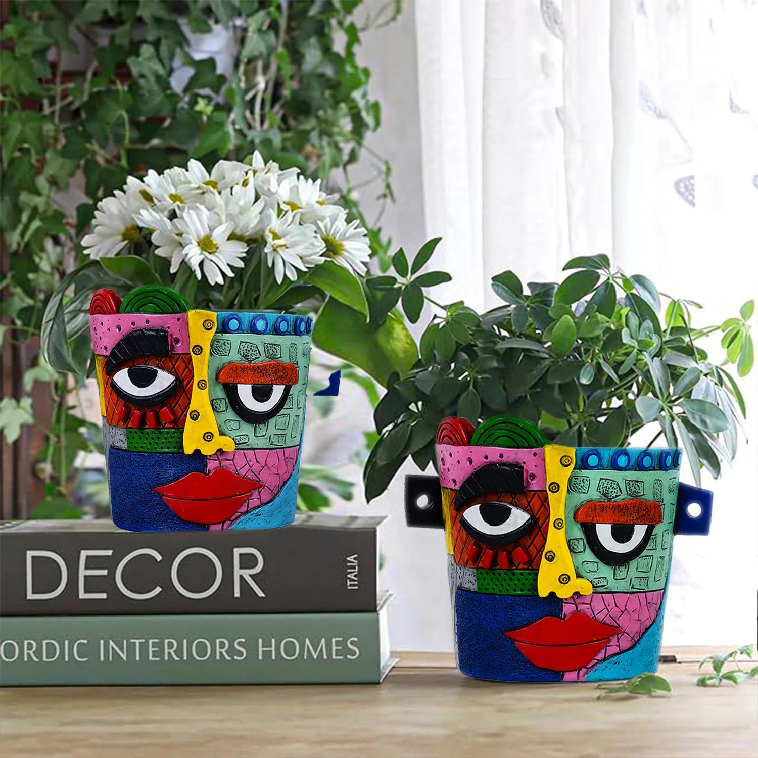 Pot de fleurs design visage Picasso multicolore