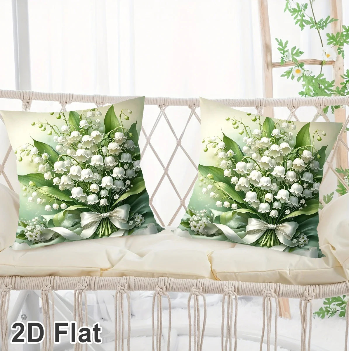 coussin fleurs muguet ruban blanc classique 45x45cm lit maison polyester blanc vert beige