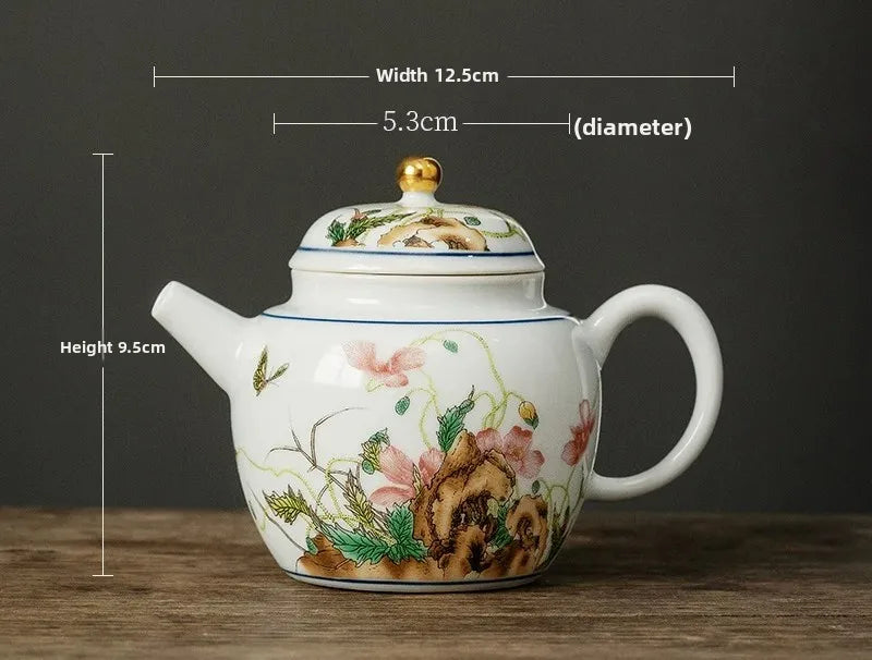 service thé traditionnel céramique émaillée fleurs papillons artisanal blanc bleu vert rose brun