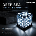 lampe table led transparente bleu clair structure geometrique contemporaine futuriste adhésif base noire infinity