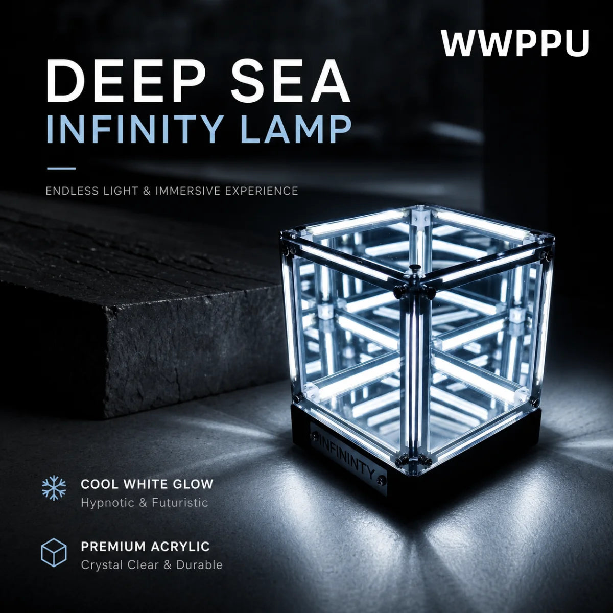 lampe table led transparente bleu clair structure geometrique contemporaine futuriste adhésif base noire infinity