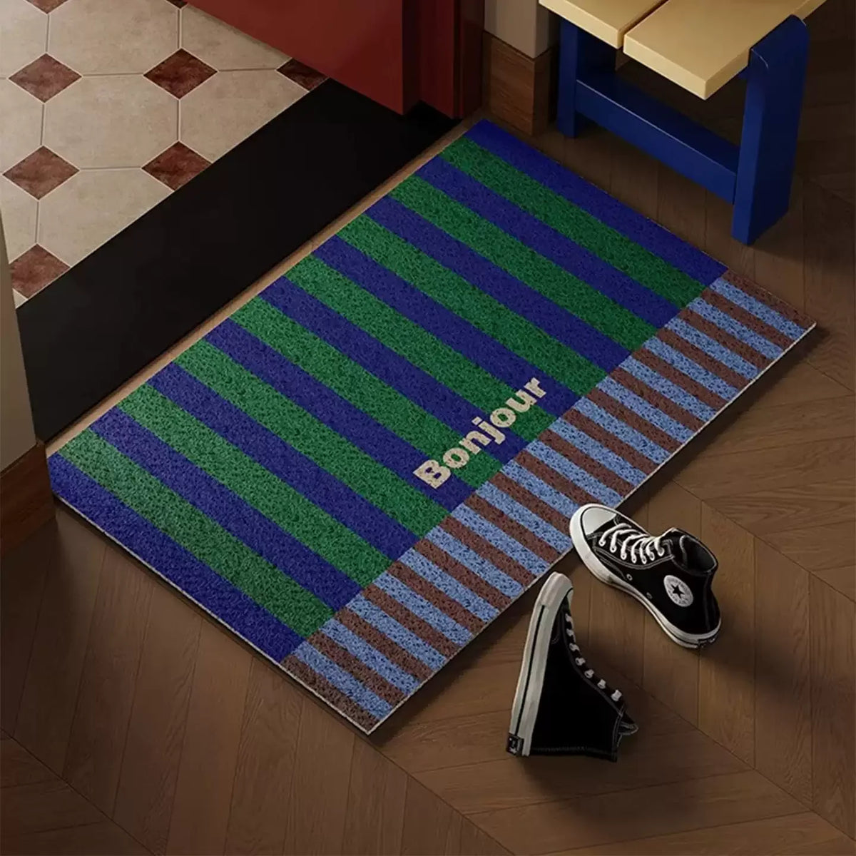 tapis d'entrée moderne rayures horizontales bleu vert marron beige antidérapant résistant décoloration 30x50cm 40x60cm