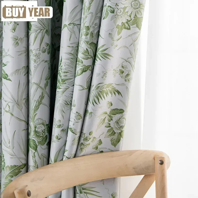 rideau occultant moderne blanc vert motif floral feuilles fenêtre salon chambre maison