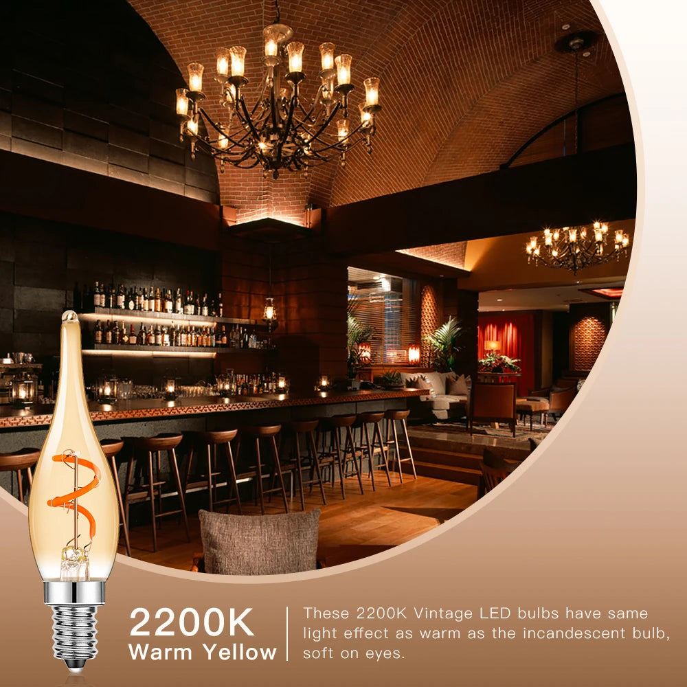 ampoules led vintage transparentes dorées spirale orange e12 e14 2200k 25000h 85mm