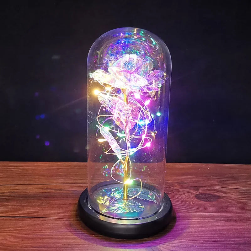veilleuse led rose artificielle cloche verre éclairage couleur variée base noire