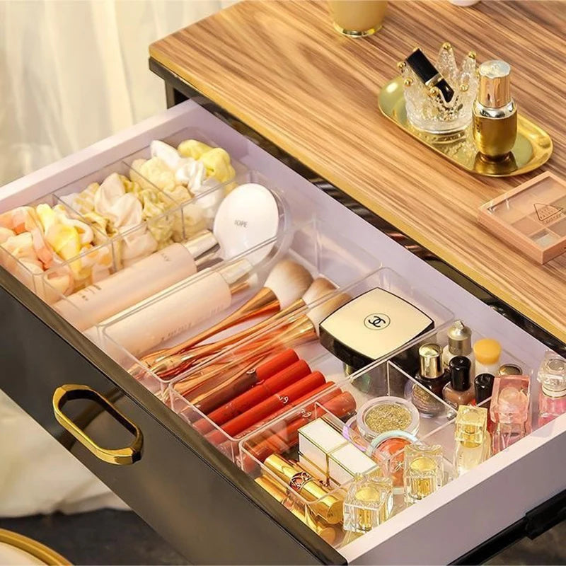 boîtes rangement transparentes maquillage pinceaux produits soins peau moderne minimaliste organisation tiroirs table cosmétiques