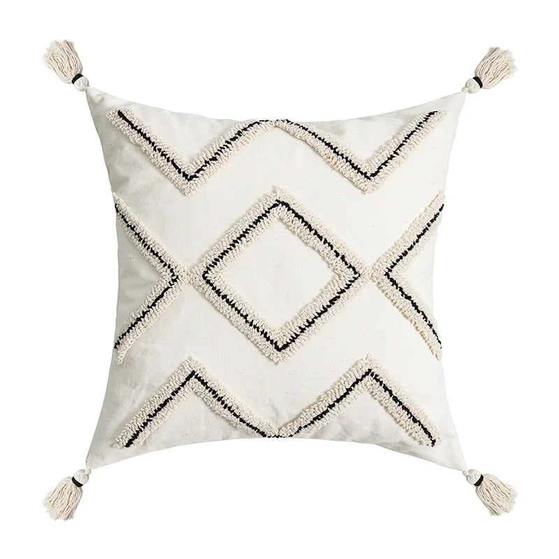 coussin carré boho blanc motif géométrique noir tassel brodé anti décubitus polyester