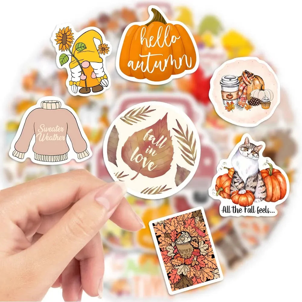 stickers automne orange jaune rouge feuilles citrouilles gnomes animaux illustration cartoon adhésifs mignons vintage