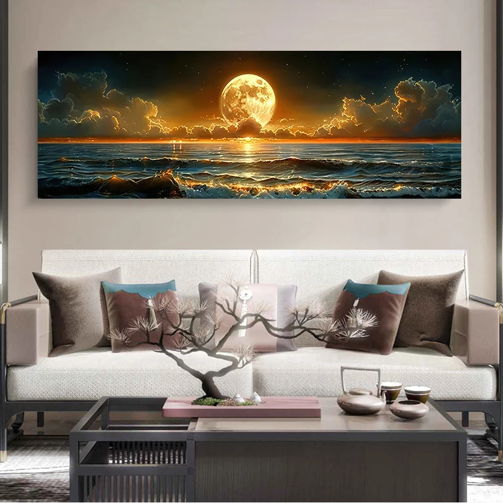 toile d'art moderne paysage marin coucher soleil lune blanc bleu orange jaune noir vertical