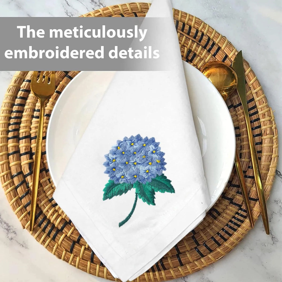 serviettes table brodées hydrangeas blanc bleu vert or élégantes mariage anniversaire