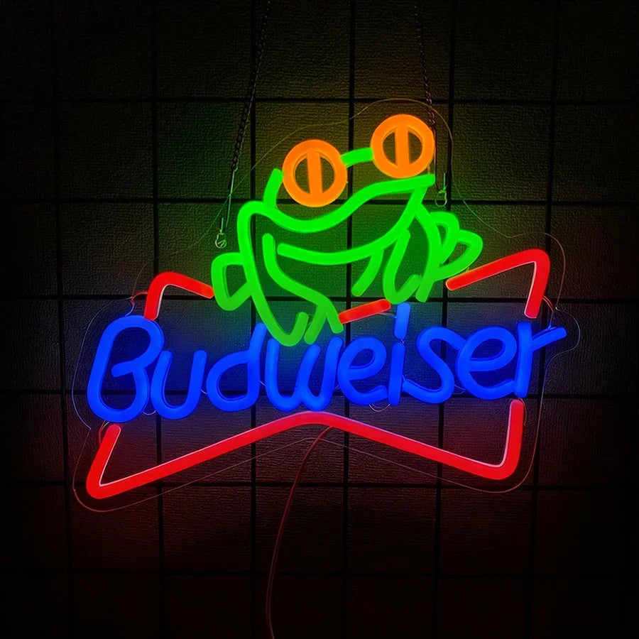 enseigne lumineuse néon logo budweiser grenouille couleur rouge bleu jaune vert fixations câble usb