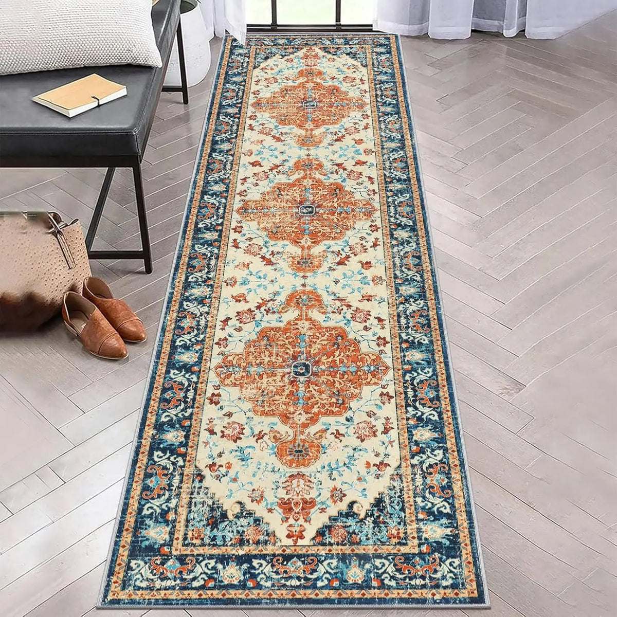 tapis géométrique bohème bleu blanc orange salon salle bain moderne ornement floral