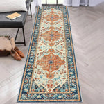 tapis géométrique bohème bleu blanc orange salon salle bain moderne ornement floral