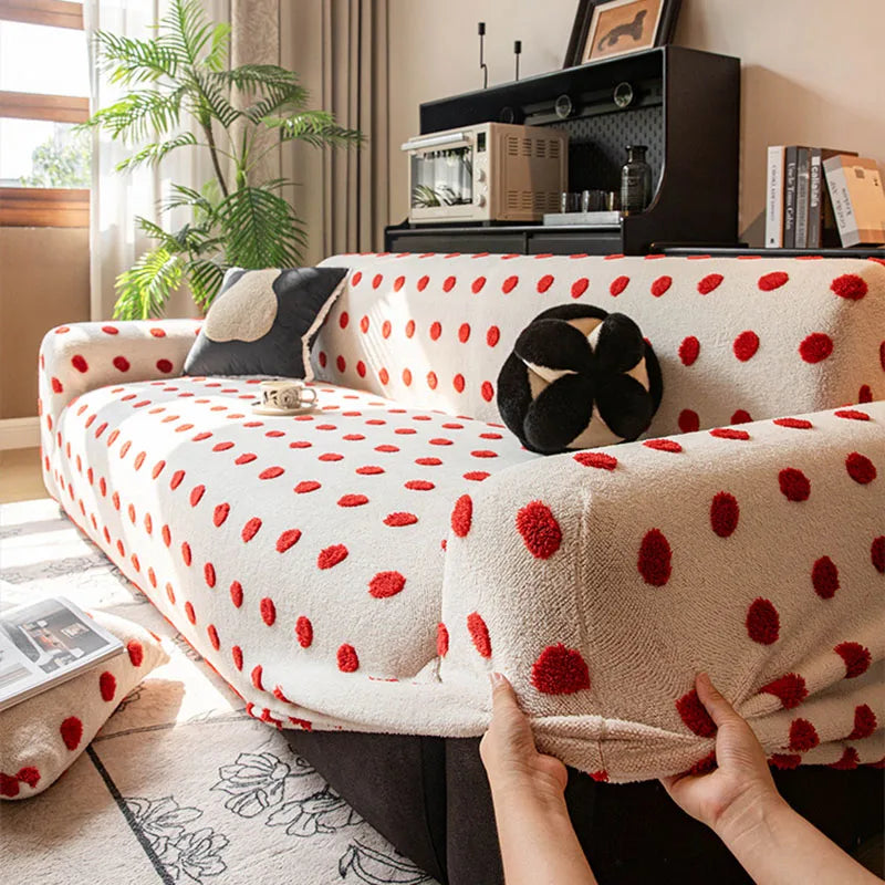 Housse canapé polaire pois blancs rouges moderne facile entretenir blanc rouge noir