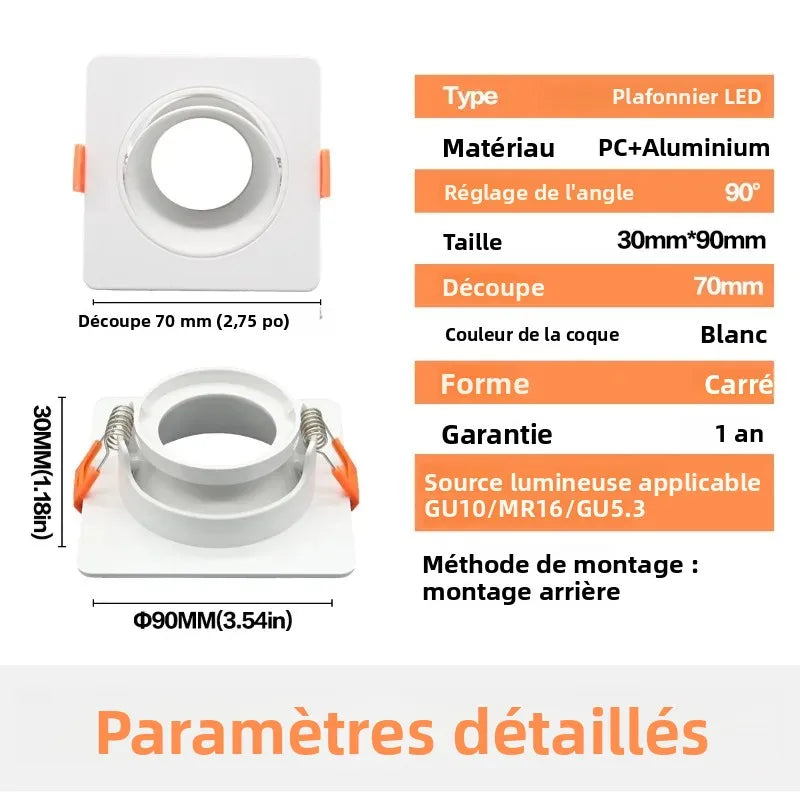 spots led plafonnier blanc carré moderne montage arrière douille gu10 gu5.3 céramique fixe 90