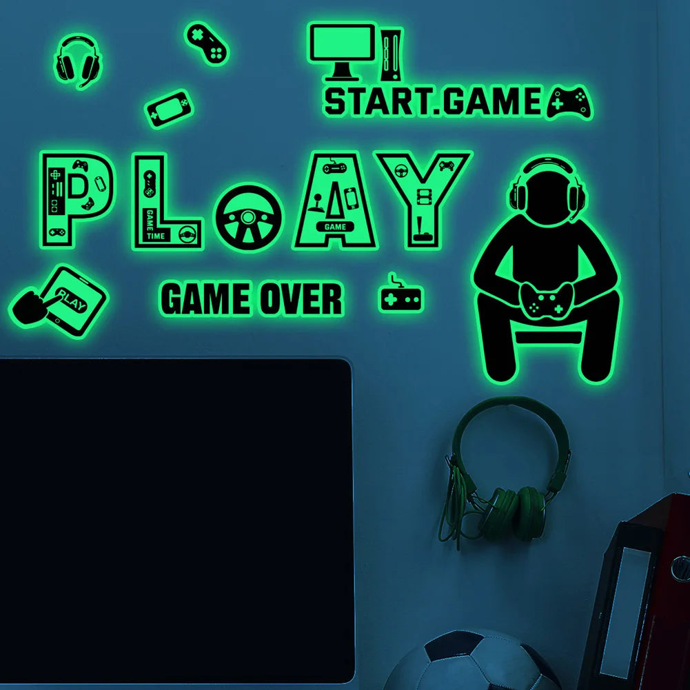 décoration murale autocollant 3d glow nuit graphique jeu vidéo moderne vert fluo noir chambre