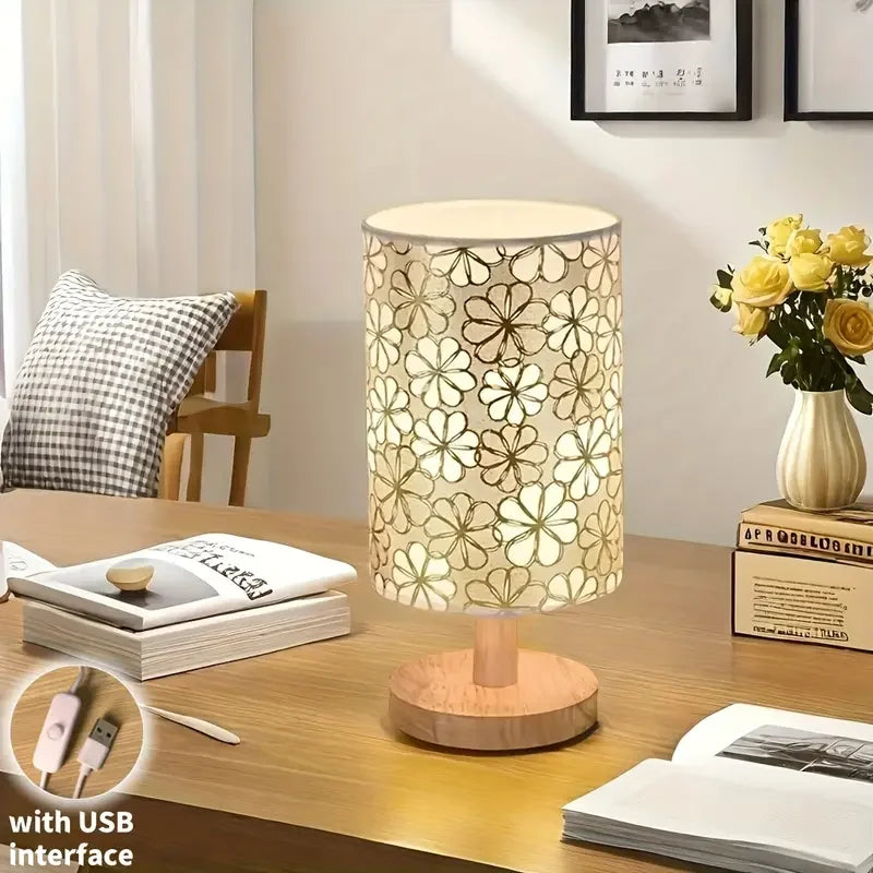 lampe table moderne blanc beige bois fleurs découpées câble usb interrupteur minimaliste chambre table