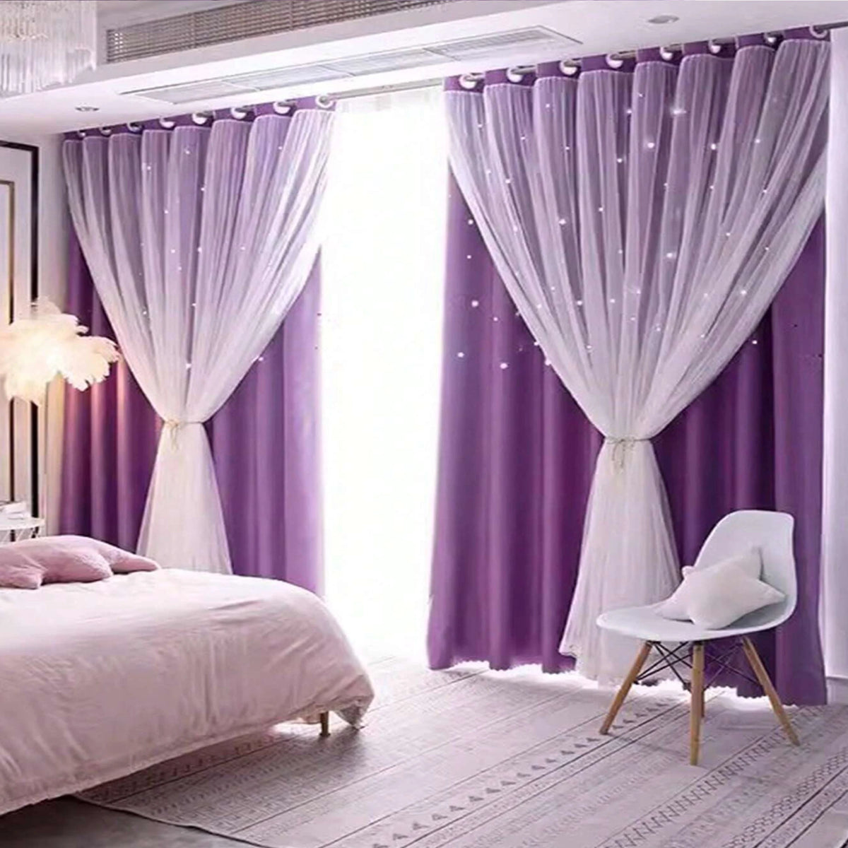 rideau double couche violet clair motif étoiles blanches voile transparent moderne salon chambre coucher