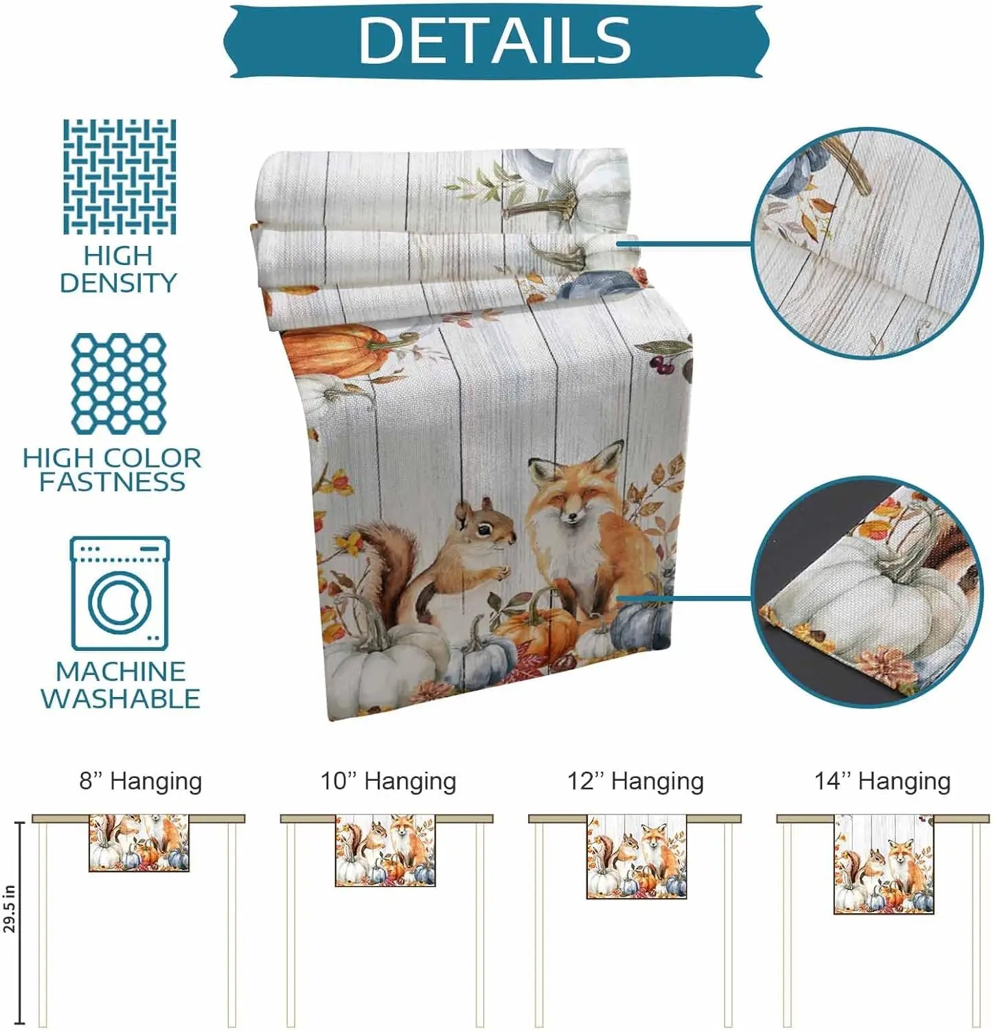 Cette image produit montre un assortiment de différentes tailles d'affiches décoratives avec des motifs forestiers et des animaux tels que des écureuils et des renards. Les détails techniques comprennent une haute densité d'impression, une couleur vive et la possibilité de les laver en machine.