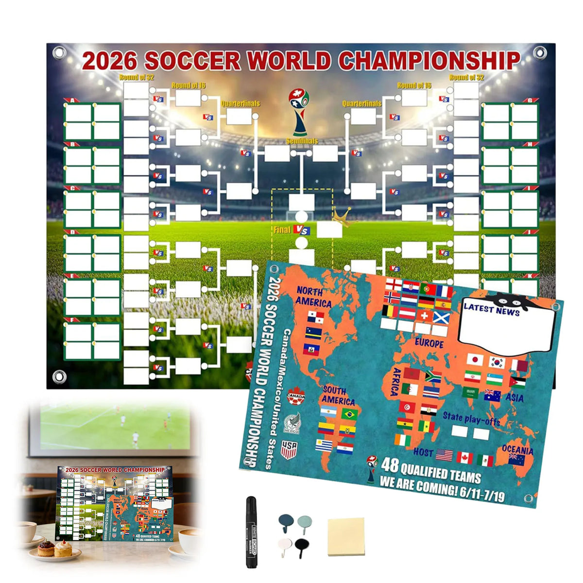 affiche murale coupe monde football 2026 multicolore carte monde stylo autocollants drapeaux matches graphique