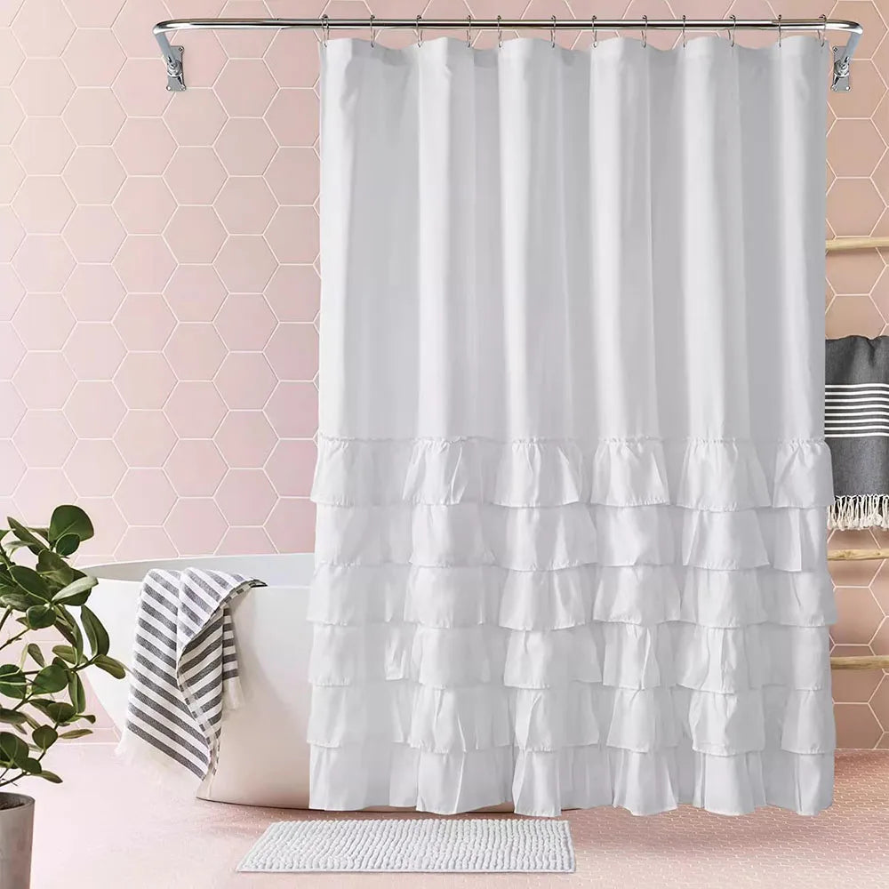 rideau douche blanc volants gris rose classique opacité anneaux métalliques respectueux environnement moderne