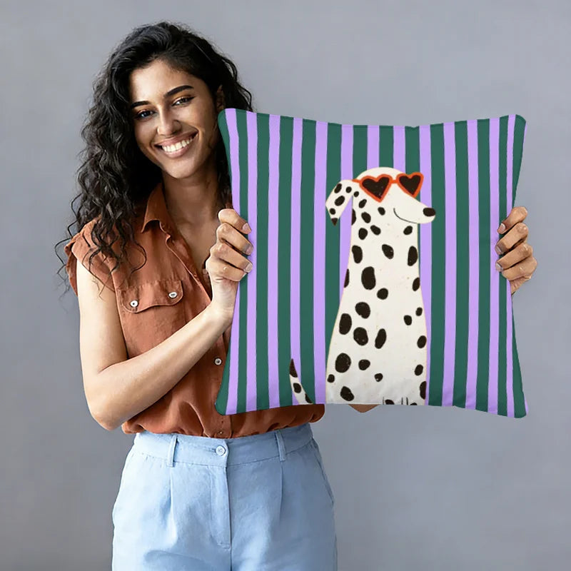 housse coussin imprimée rayures vertes violettes polyester carré moderne 45x45 cm zip décoration lit