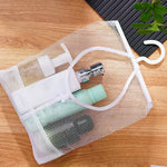sac rangement suspendu filet transparent rose bleu blanc multiple poches cosmétique toile