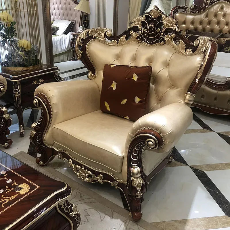 canapé d'angle classique bois capitonné beige marron foncé ornements sculptés salon élégant minimaliste moderne