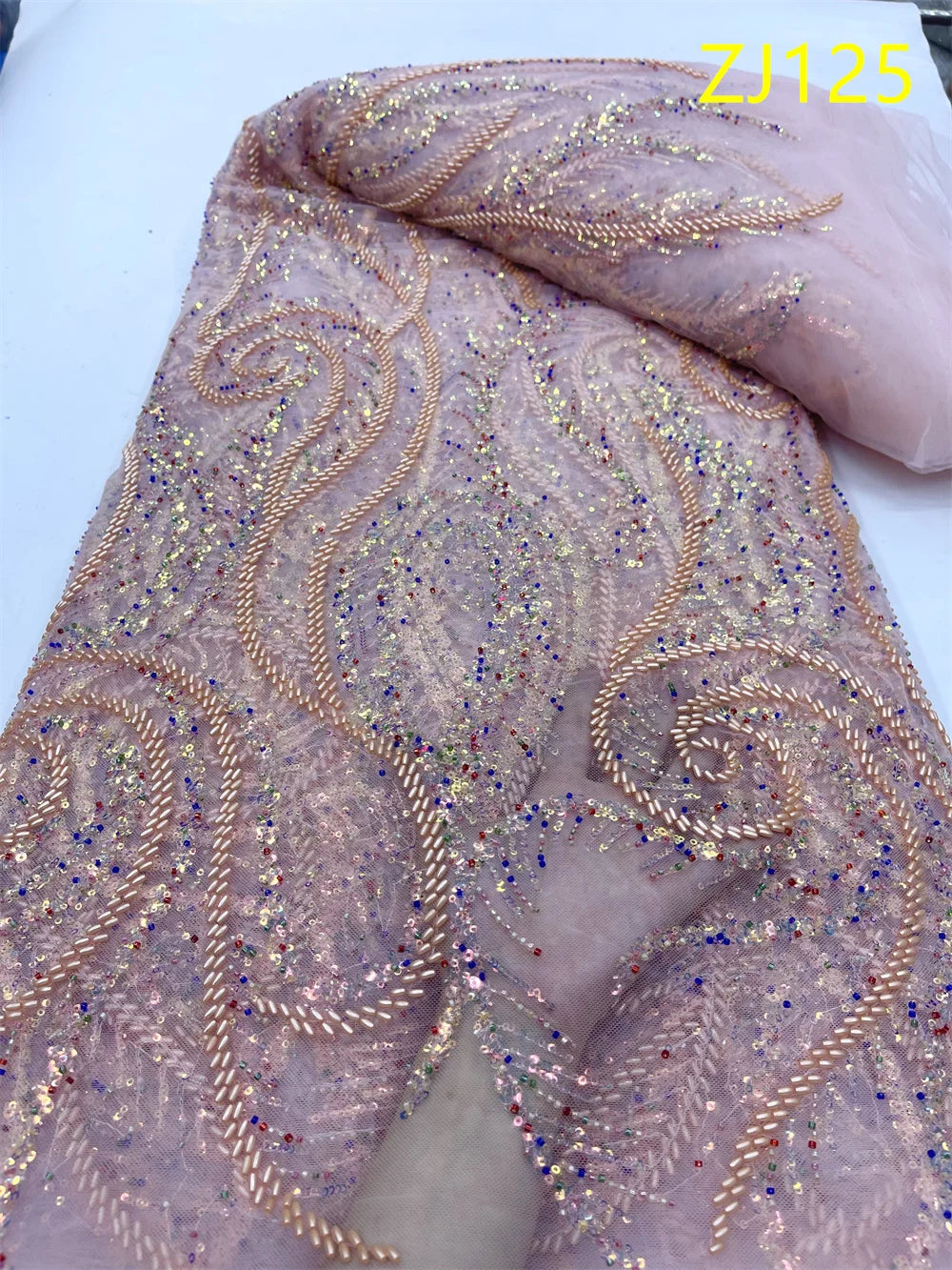 tissu brodé sequins motifs floraux polyester coton occasion mariage robe cérémonie bleu rose blanc