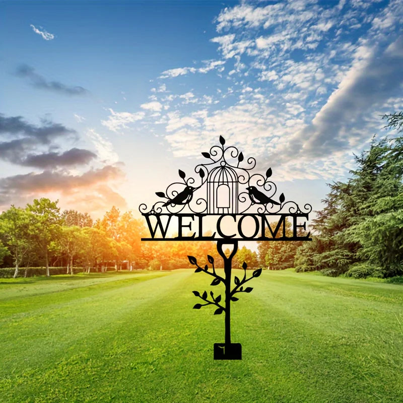 panneau welcome jardin rustique oiseaux cage lettres métal découpé vintageextérieur plantation sol decoration murale