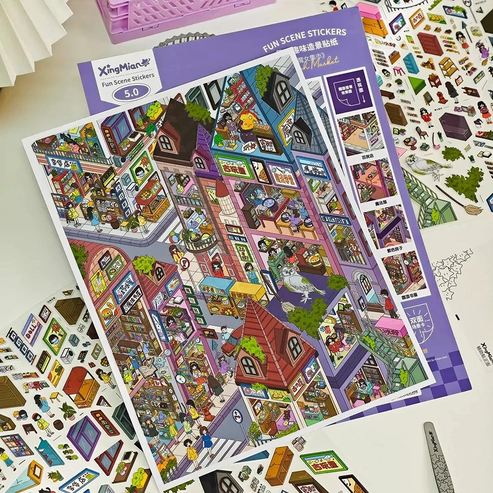 sticker 3d grande taille scène urbaine personnages bâtiments voiture illustration colorée enfants jouet