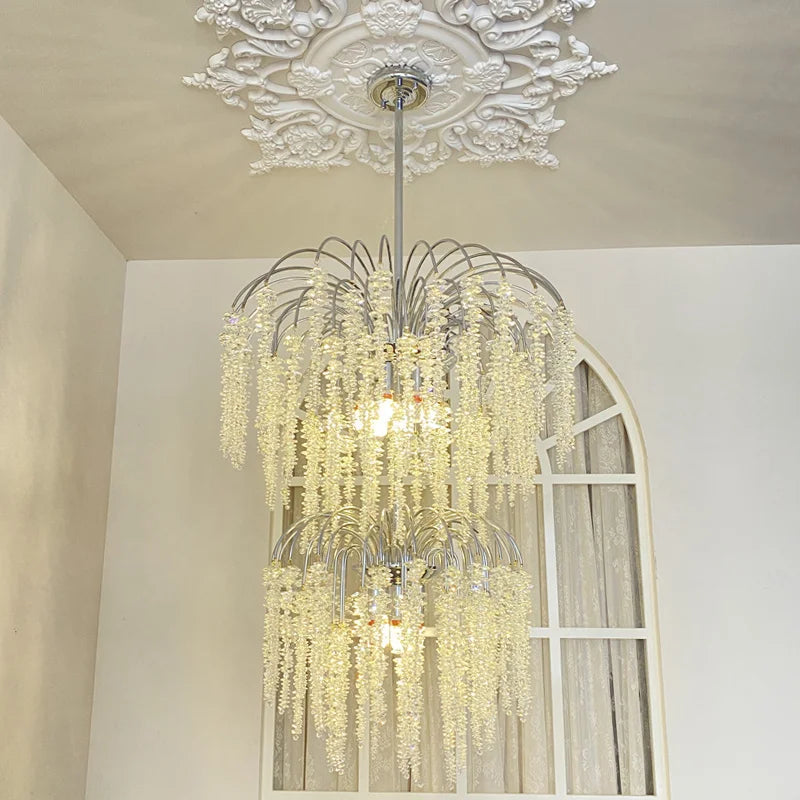 lustre cristal moderne grand salon escalier villa luxe lampe led argenté blanc