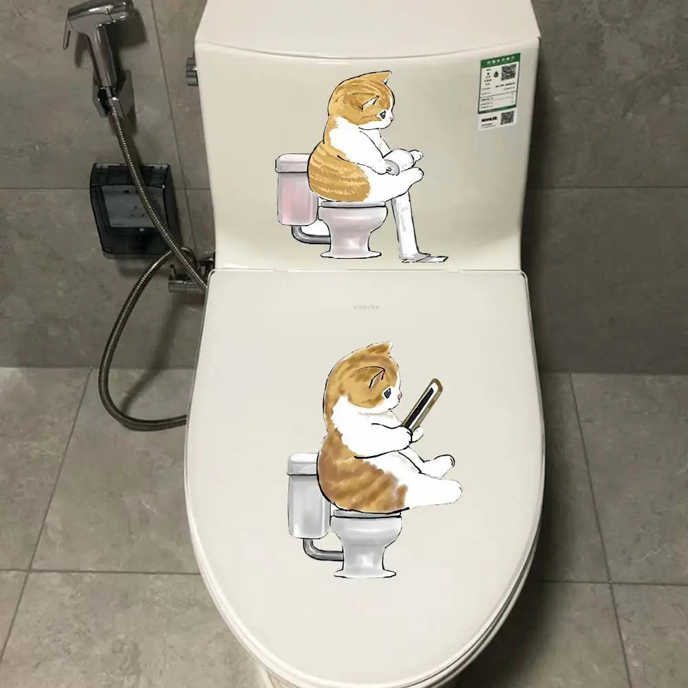sticker mural chat cartoon adhésif toilette smartphone orange blanc beige gris