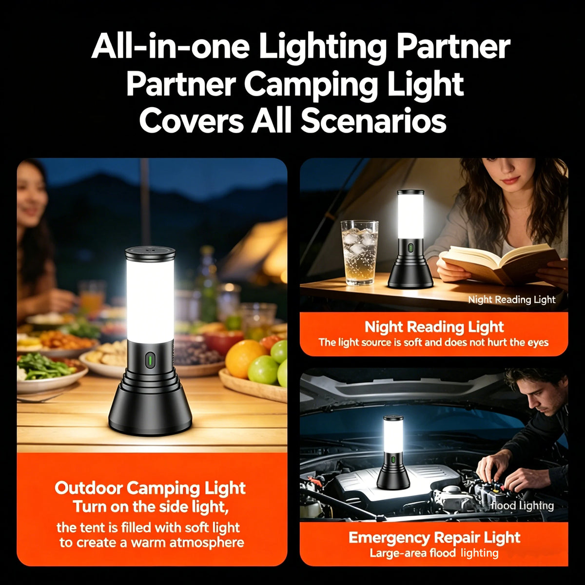 lampe camping rechargeable noir blanc lisse moderne interrupteur tactileversible 360degrees éclairageurgence nocturne