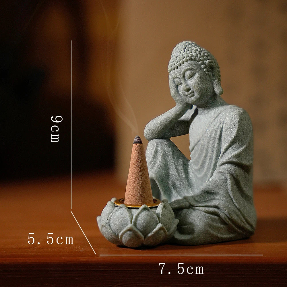 statue bouddha gris resine granit classique décoration intérieure thé zen incense conique base lotus