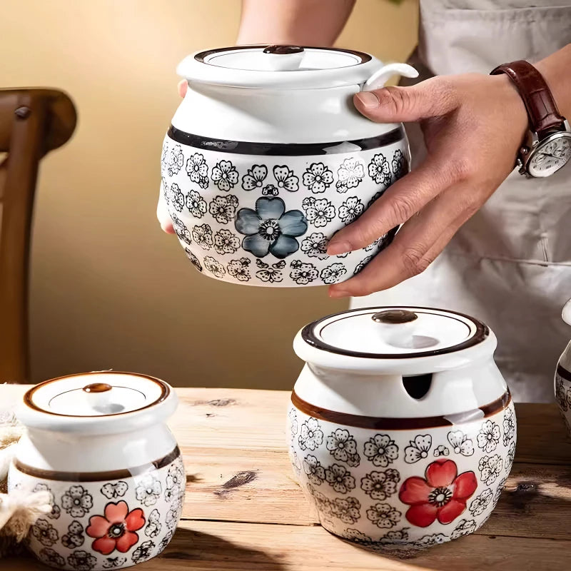 pots épices céramique fleurs stylisées couvercle cuillère plastique blanc rouge bleu noire hermétique kitchen