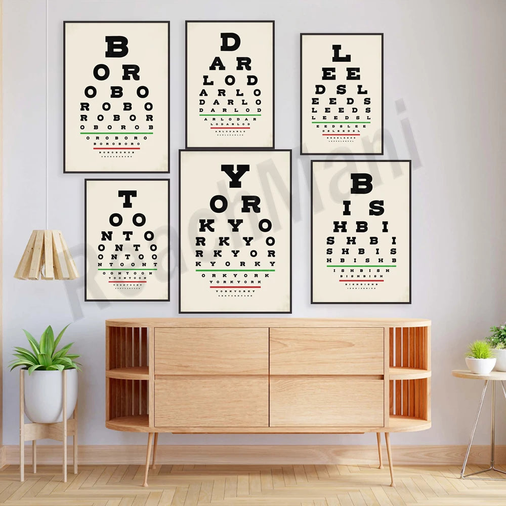 Affiches murales d'examens visuels décoratives dans un style minimaliste sobre.