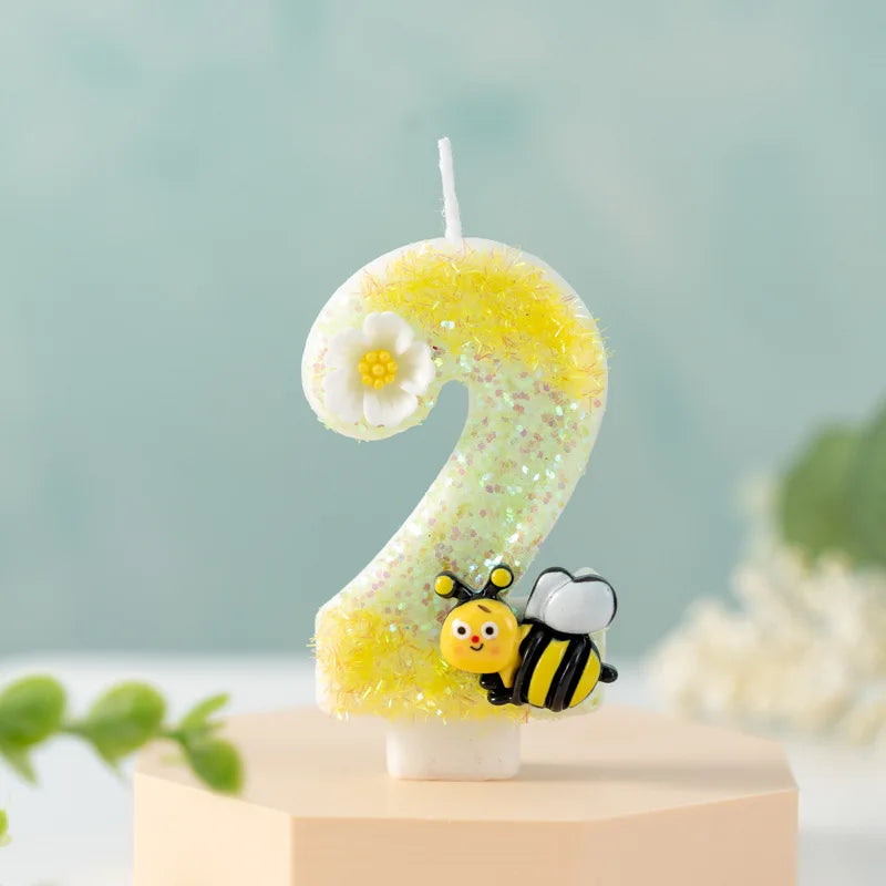bougies forme chiffres jaune blanc noir fleurs abeilles décoratives enfants sucrerie couteau sucre boîte