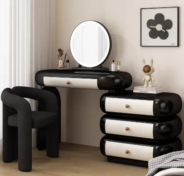 maquillage moderne commode tiroirs tabouret miroir noir blanc texture cuir