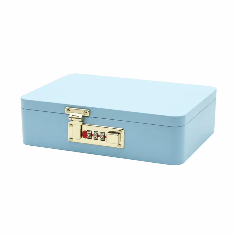 boîte bijoux métal rouge bleu clair texture cuir classique cadenas combiné rangement sécurité