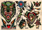 sticker autocollant tatouage vintage motifs traditionnels fleurs animaux symboles rouge noir beige blanc bleu