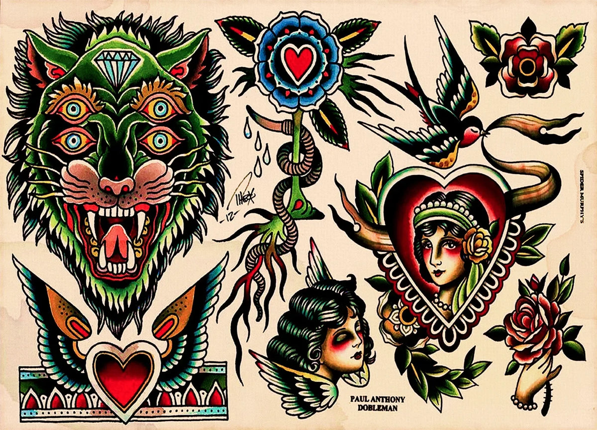 sticker autocollant tatouage vintage motifs traditionnels fleurs animaux symboles rouge noir beige blanc bleu