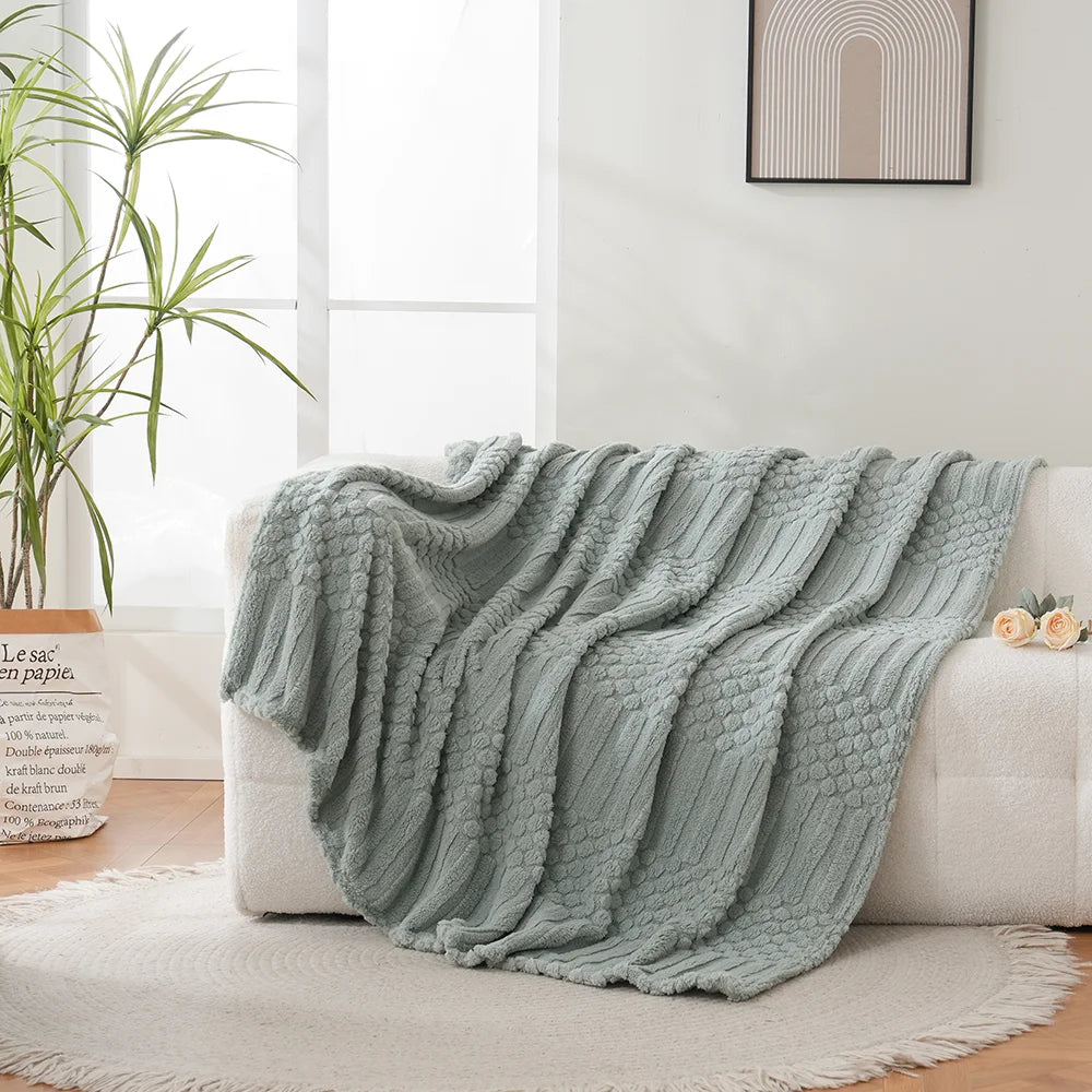 plaid vert gris texture épaisse motif points relief moderne cosy canapé lit chambre decoration