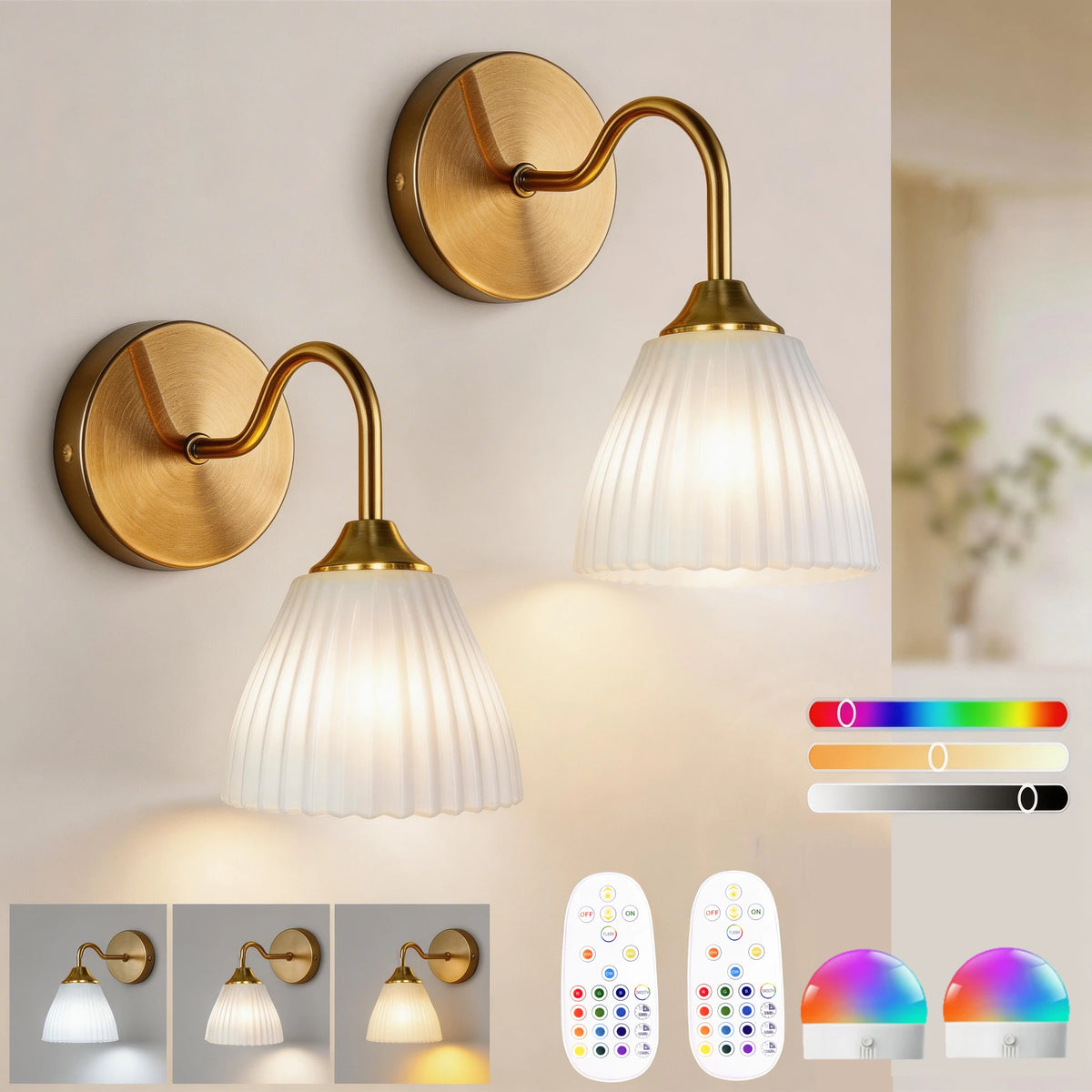 lampe murale rechargeable or blanc plissée télécommande led rgb moderne chambre salon entrée